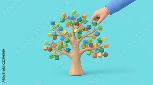 Human hand reaching out to touch a small tree with colorful cube-shaped leaves on a minimalist cyan background surface
