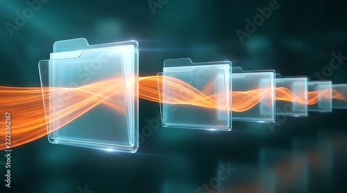 Transparent glass folders floating horizontally with glowing orange energy waves flowing through them