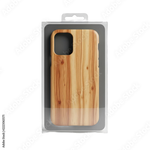 Wooden phone case packaging on transparent background