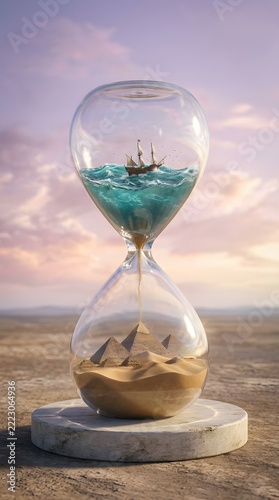 Large hourglass featuring ship sailing on ocean waves and desert pyramids in sand.