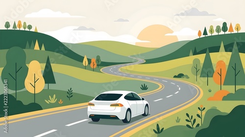 White car traveling on winding road through green rolling hills at sunset illustration.