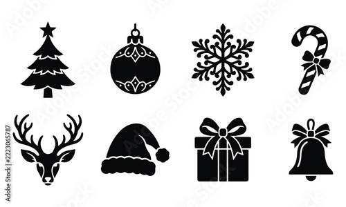 Black christmas icons set including trees ornaments snowflakes candy cane reindeer and santa hat white background