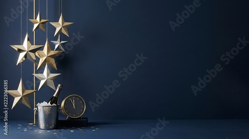 Golden stars cascade downward against a deep navy backdrop, celebrating festive cheer, representing a new year’s concept