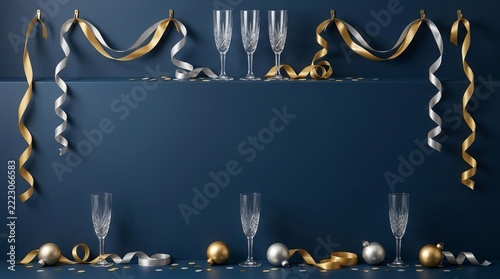 Elegant champagne glasses and golden ribbons cascade against a deep blue backdrop, celebrating festive moments and joyful gatherings