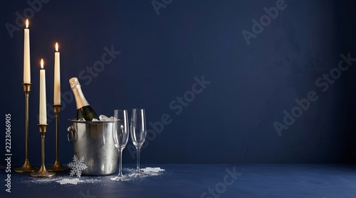 Elegant champagne bottle and glasses beside glowing candles, creating festive ambiance with luxurious textures against deep blue