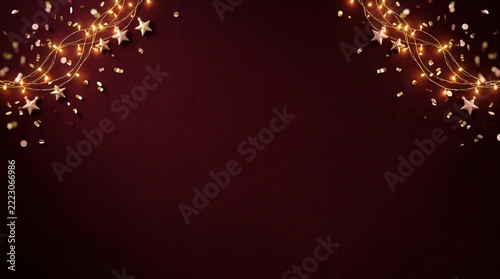 Sparkling golden lights and star confetti scattered across a deep burgundy background, perfect for festive celebration design