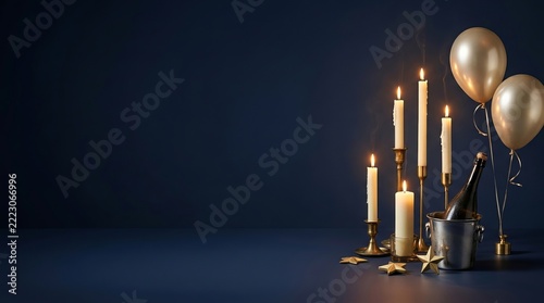 Golden balloons float alongside candles and a wine bottle, evoking festive elegance, perfect for celebratory concept visuals