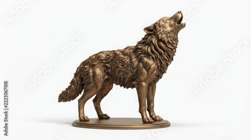 Detailed Bronze Wolf Figurine Howling at the Moon Statue Standing on a Solid Circular Base Isolated on a Pure White Background
