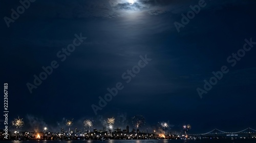 Dramatic city skyline illuminated by vibrant fireworks display under a full moon, representing celebration and urban nightlife