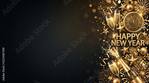 Golden celebration elements composing a festive New Year background, depicting joy and optimism for a bright future