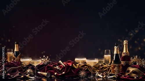 Elegant celebration setup with champagne bottles, glasses, and ornate masks, showcasing a luxurious festive concept