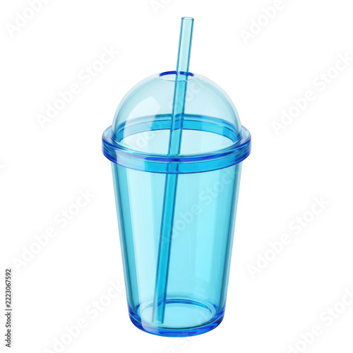 Empty Blue Transparent Reusable Plastic Cup With Straw