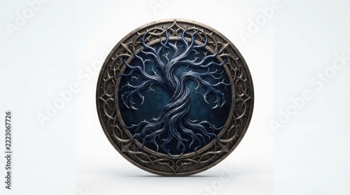 Intricate Celtic Style Tree of Life Embossed Metal Emblem Featuring Ornate Twisted Branches and Circular Filigree Border Design