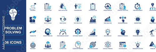 Problem Solving Icon Set Featuring Strategy, Brainstorming, Critical Thinking, Decision Making, Goal Setting, Innovation, Action Plan and Creative Solution Symbols in Blue Flat Style