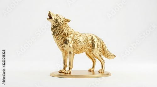 Elegant Golden Wolf Statue Howling at the Moon Concept Art Featuring a Metallic Canine Figure Isolated on a Clean White Studio Background