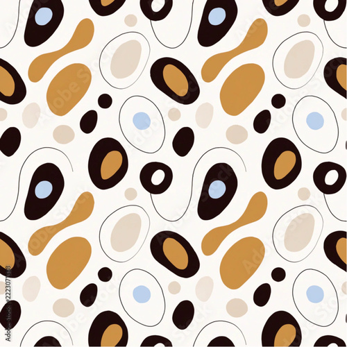 Mid-Century Modern Abstract Seamless Pattern with Organic Ovals and Dots on Beige Background