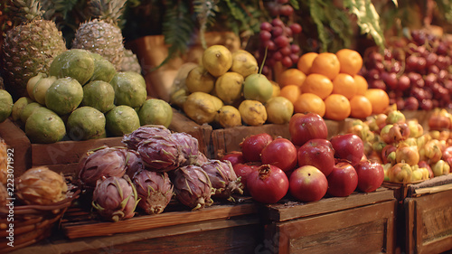 Vibrant Fresh Fruit Display: Pineapples, Dragon Fruit, Apples, Oranges, and Grapes at a Market Stall