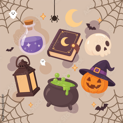 Cute Halloween Witchcraft Collection with Potion, Spell Book and Spooky Objects
