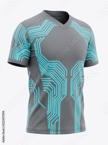 Futuristic Gray T-Shirt with Glowing Blue Circuit Board Pattern Design.