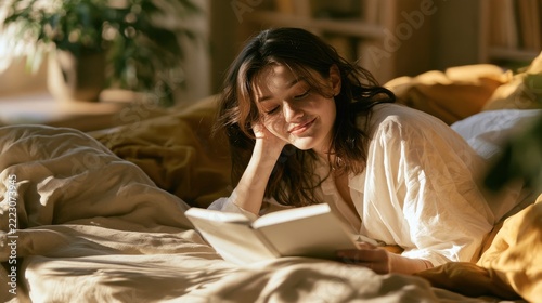 Serene Young Woman Reading Book on Bed in Cozy Sunlit Bedroom