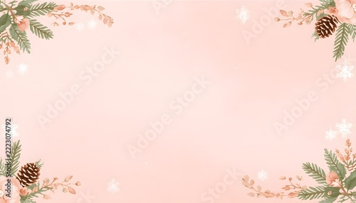 Watercolor Christmas border with sage green pine branches, pink berries and snowflakes on blush pink background, copy space