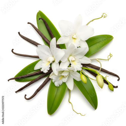 Vanilla flower with green leaves and buds