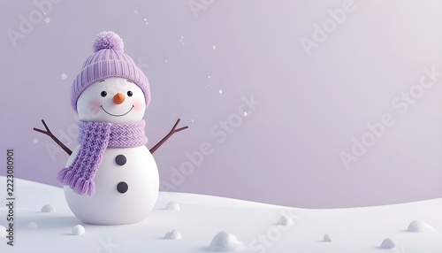 Cute 3D snowman with lilac scarf and beanie on pastel lavender background with snowflakes and stars, winter Christmas with copy space