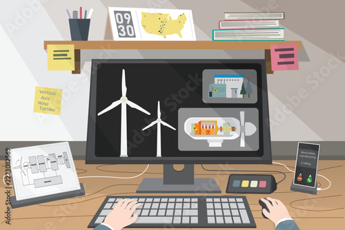Working with Wind turbine systems, Wind turbine Energy, Green Energy in simple graphic
