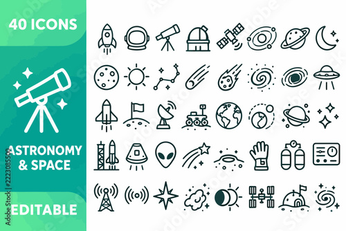 Astronomy and Space - 40 Editable Outline Icons