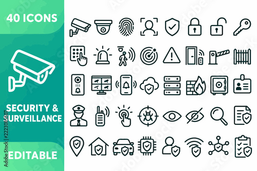 Security and Surveillance - 40 Editable Outline Icons