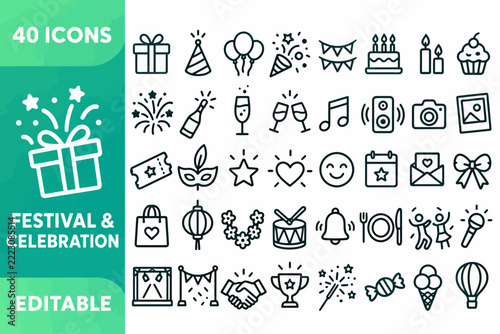 Festival and Celebration - 40 Editable Outline Icons