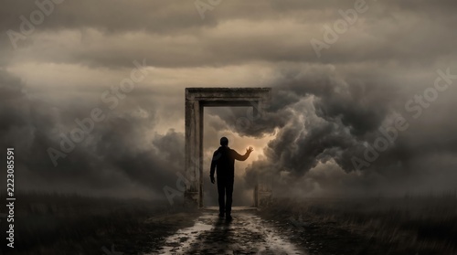 Lonely woman stepping through doorway in dim light