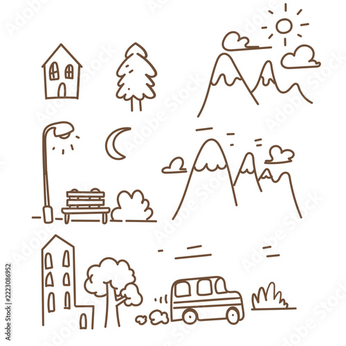 Collection of hand-drawn doodle icons featuring city buildings, houses, mountains, trees, vehicles, street lamp, park bench, and sky elements