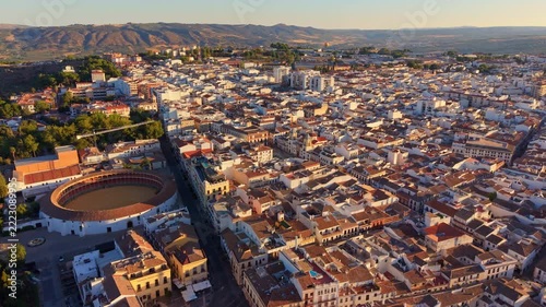 Aerial view of the circular arena of the Ronda bullring surrounded by the old town, Spain.