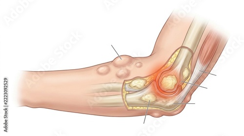 Medical illustration of gout affecting the elbow joint with inflamed tissue and visible tophi