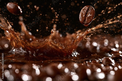 Dark coffee splashes as whole coffee beans fall, creating dynamic droplets and a rich, textured scene with a glossy, energetic vibe.