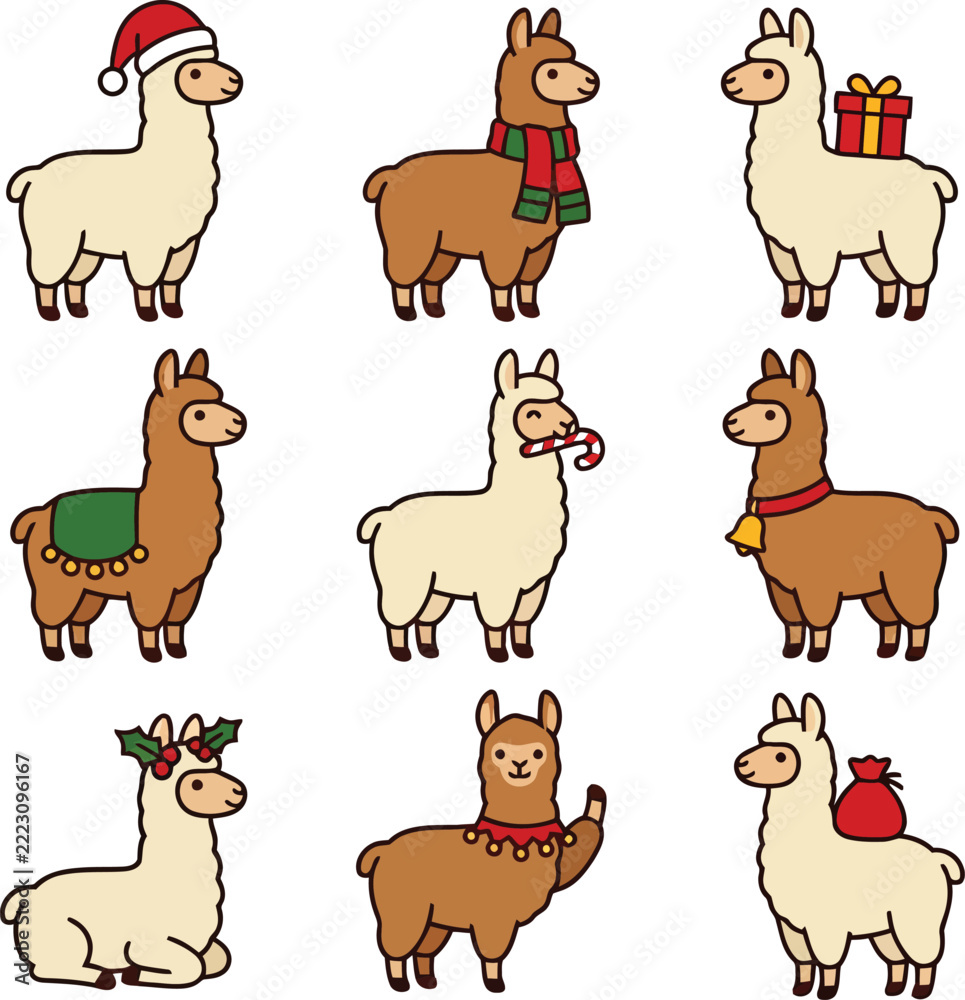 Fototapeta premium Set of cute cartoon llamas for christmas, featuring festive accessories like santa hats, red scarves, candy canes, bells, and gift boxes