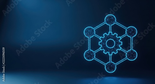 Interconnected Digital Network with Central Gear Symbol on Dark Blue Gradient Background