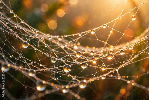 Macro Dewdrops on Spider Web at Sunrise With Golden Bokeh