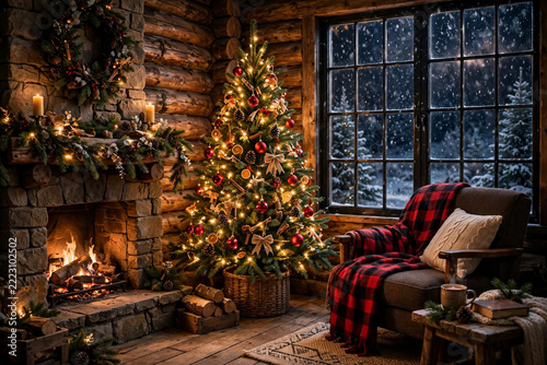 Cozy Christmas Cabin Living Room Interior with Fireplace and Decorated Tree