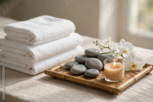 Spa Wellness Still Life with White Towels Orchid Candle and Smooth Stones