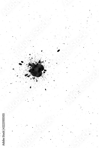 Black ink splatter drops and stains overlay texture, single burst style on white background