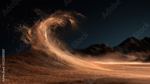 Golden glitter sand dune wave swirling against dark sky and mountains