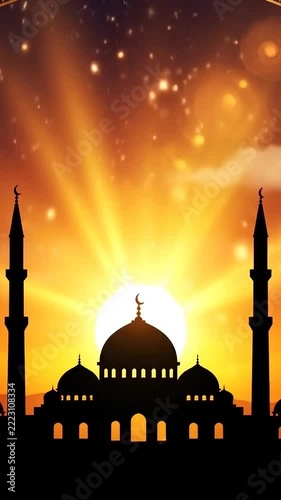 Mosque Silhouette with Sunburst and Golden Sky for Ramadan and Islamic Holidays