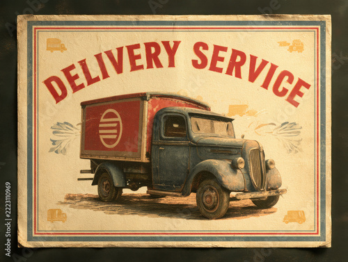 Retro delivery service poster with vintage truck on aged paper  