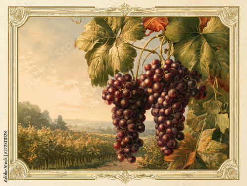 Vintage wine advertisement poster with grapes and vineyard  