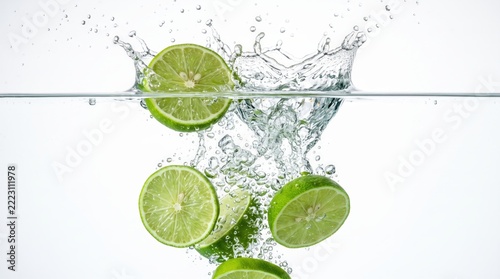 Fresh Lime Slices Splashing into Clean Water with Bubbles and Ripples
