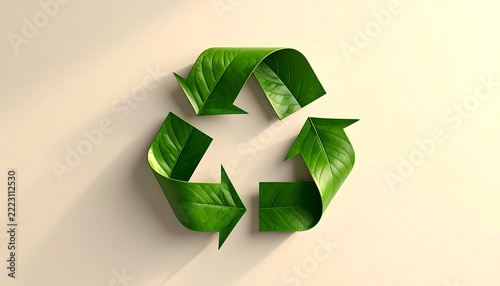 3D recycle symbol made of green leaves on a light beige background
