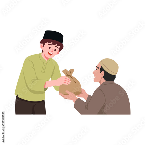 Muslim Man Giving Zakat Al-Fitr Charity Sack to Needy during Ramadan