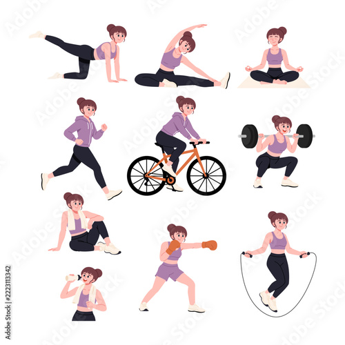 Active Woman Exercising Fitness and Sports Activities Vector Set